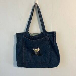 Vintage Handmade Denim Tote Bag Embroidered Owl Blue Large Pocket Green Lining